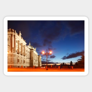 Royal Palace, Palace, Palacio Real on Plaza de Oriente at dusk, Madrid, Spain, Europe Sticker